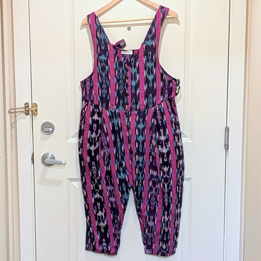 NWOT Beckwoman L 100% Guatemalan Cotton Pink and Turquoise Overalls - Picture 1 of 9